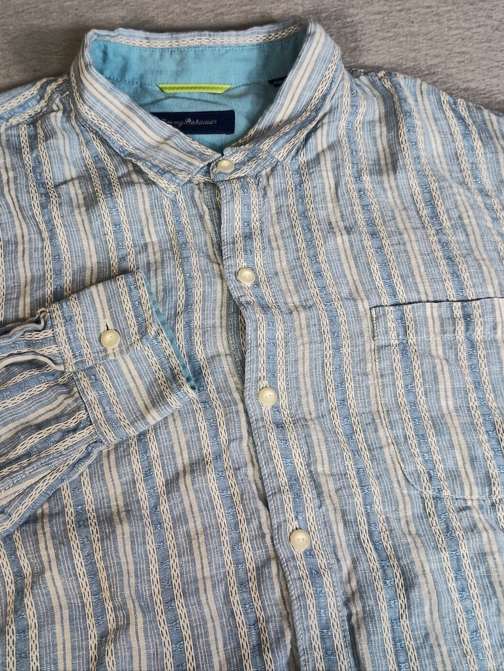 Tommy Bahama Linen Blend Men’s 3XL Blue Striped Textured Beach Pocket Shirt